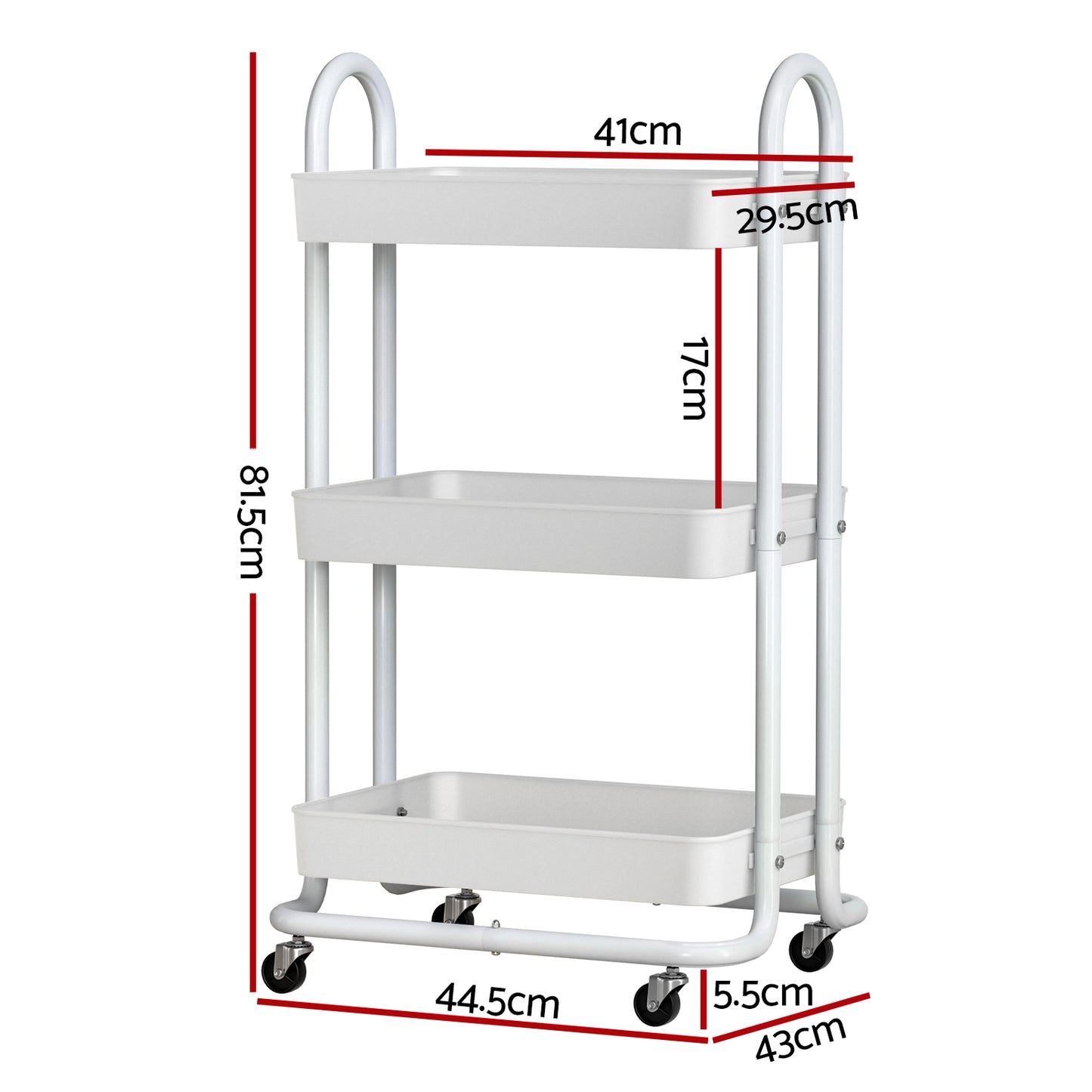 White three-tier rolling cart with dimensions labeled on a white background