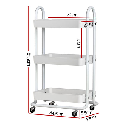 White three-tier rolling cart with dimensions labeled on a white background