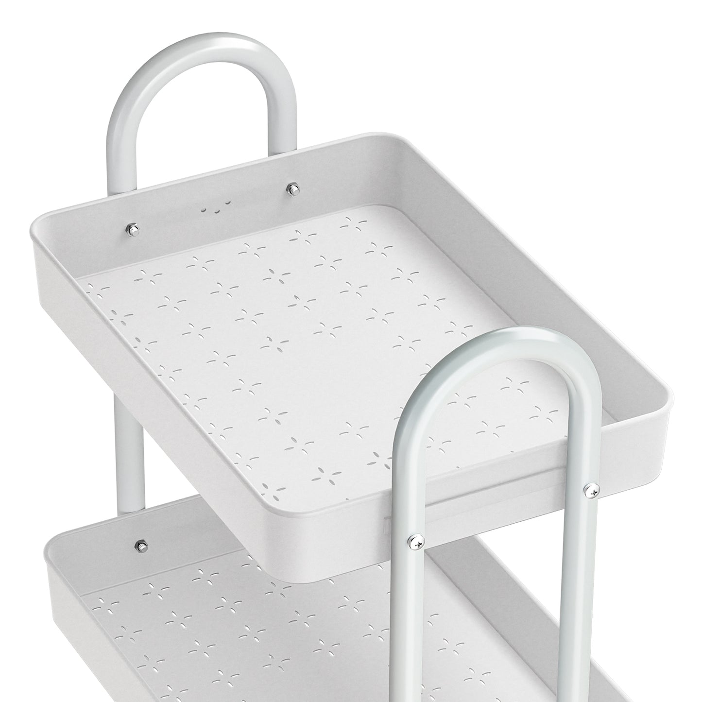White metal two-tiered tray with handles on a white background