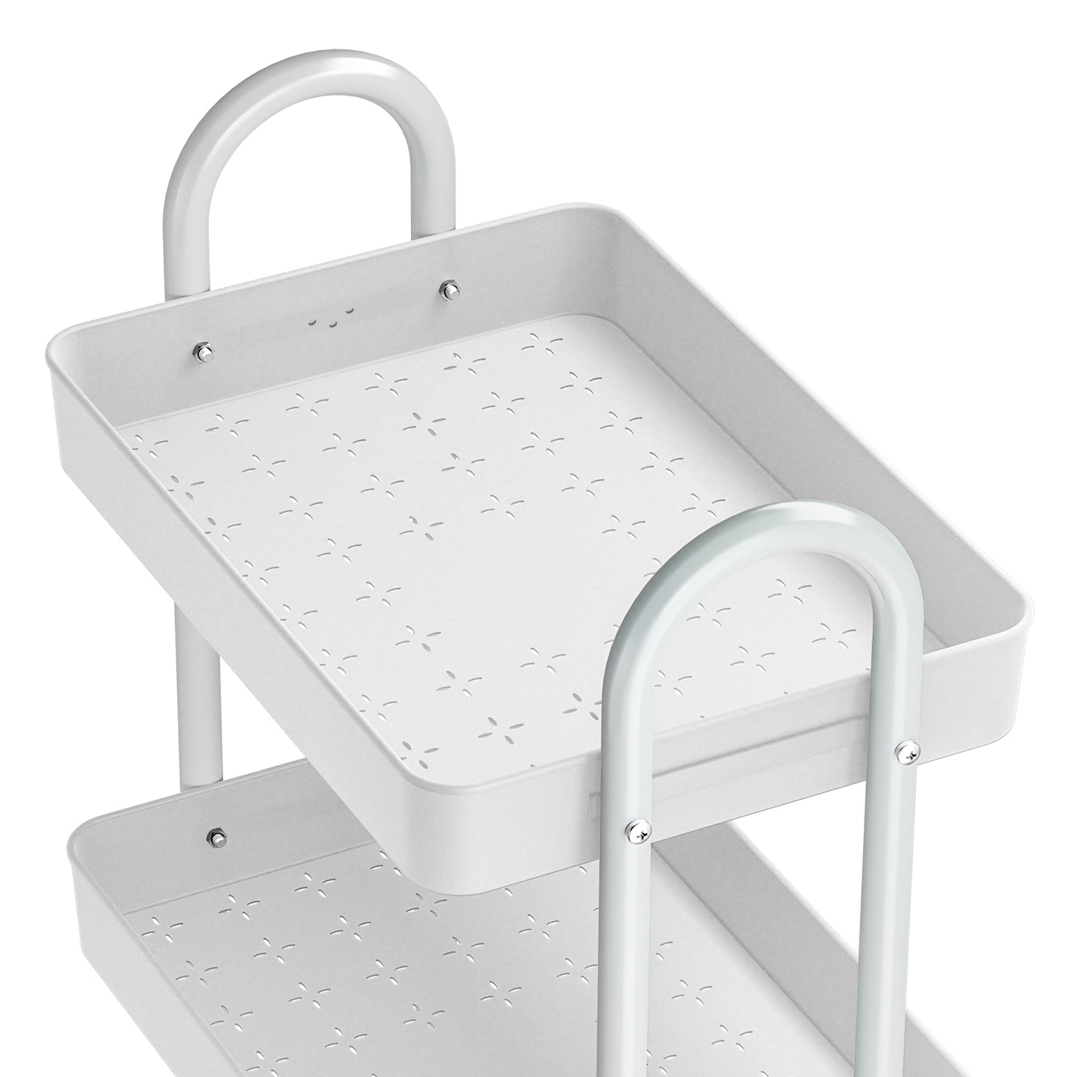White metal two-tiered tray with handles on a white background