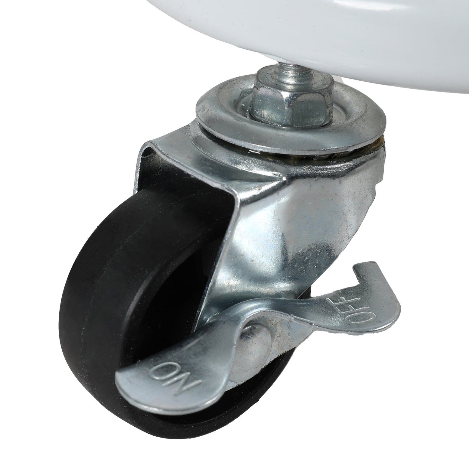 Caster wheel with black rubber tire and metal bracket on a white background