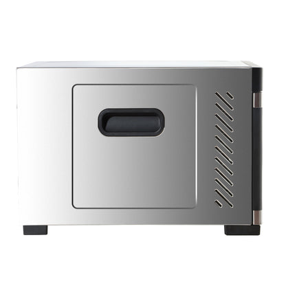Side profile of the dehydrator with transparent door opened and trays visible.