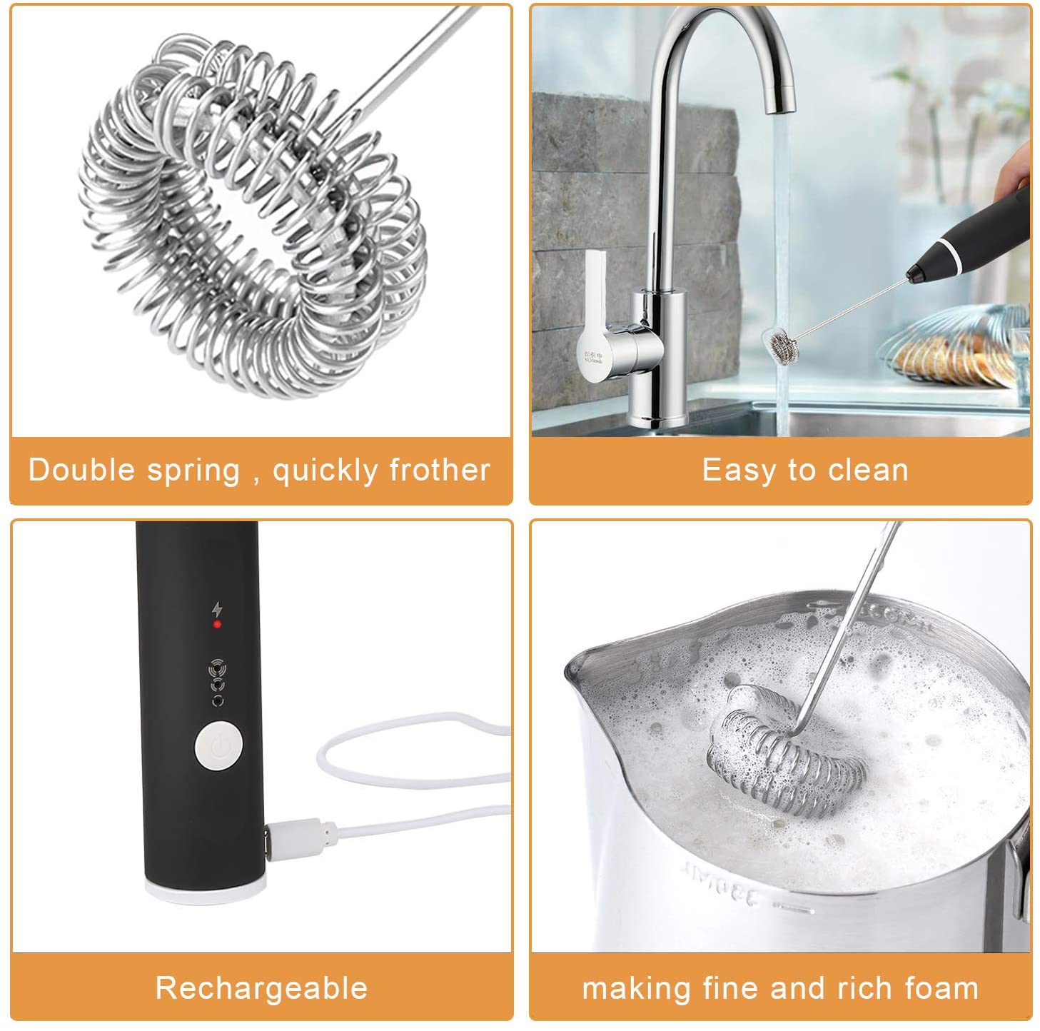 Durable food-grade whisk head easily attaches and detaches for cleaning and storage.