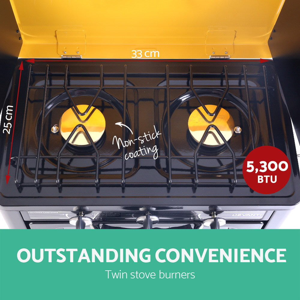 Close-up image of the two powerful 5,300 BTU burners on the Devanti portable gas stove.