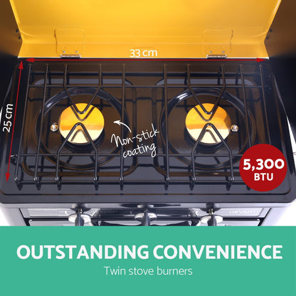 Close-up image of the two powerful 5,300 BTU burners on the Devanti portable gas stove.