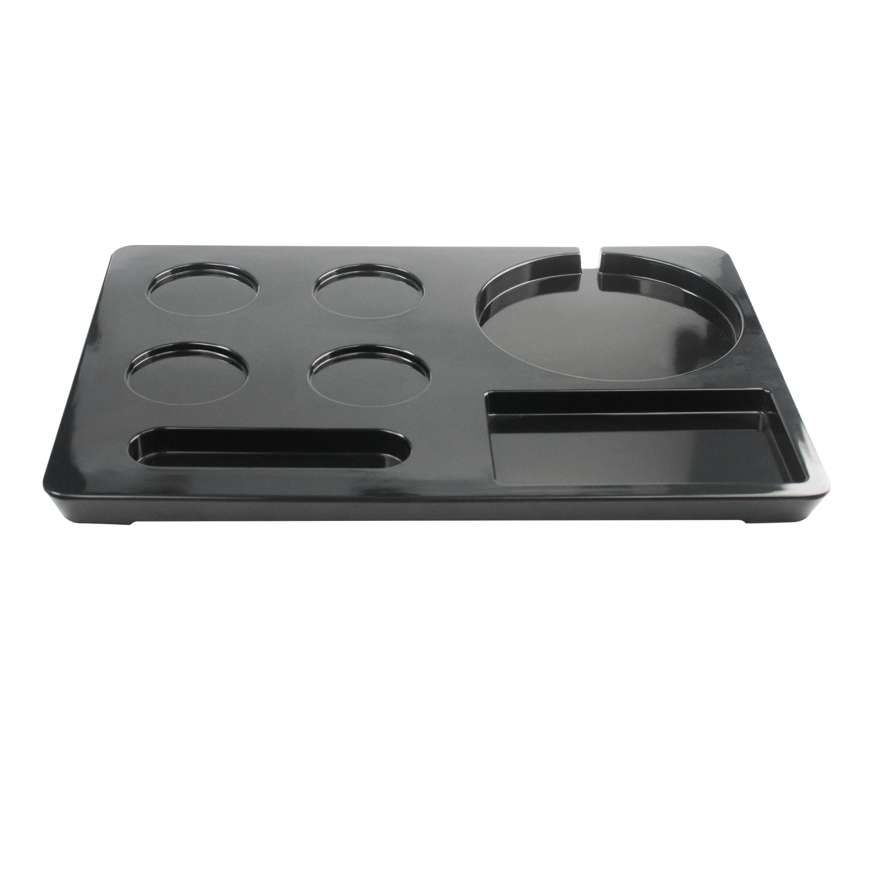Black tray with multiple compartments on a white background