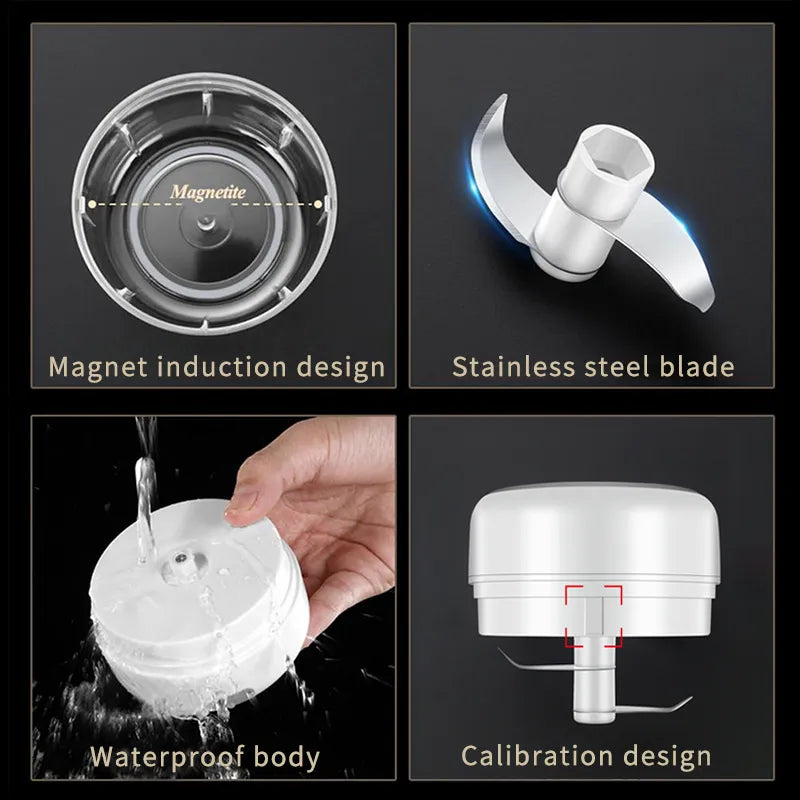 Product features including magnet induction, stainless steel blade, waterproof body, and calibration design on a black background.