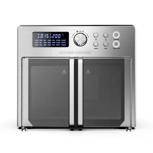 Stainless steel oven with digital display and control panel on a white background