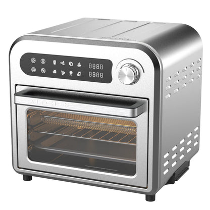 Silver toaster oven with digital display on a white background