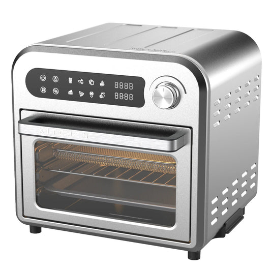 Silver toaster oven with digital display on a white background