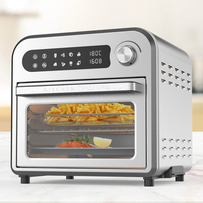 Digital oven with food inside on a light background
