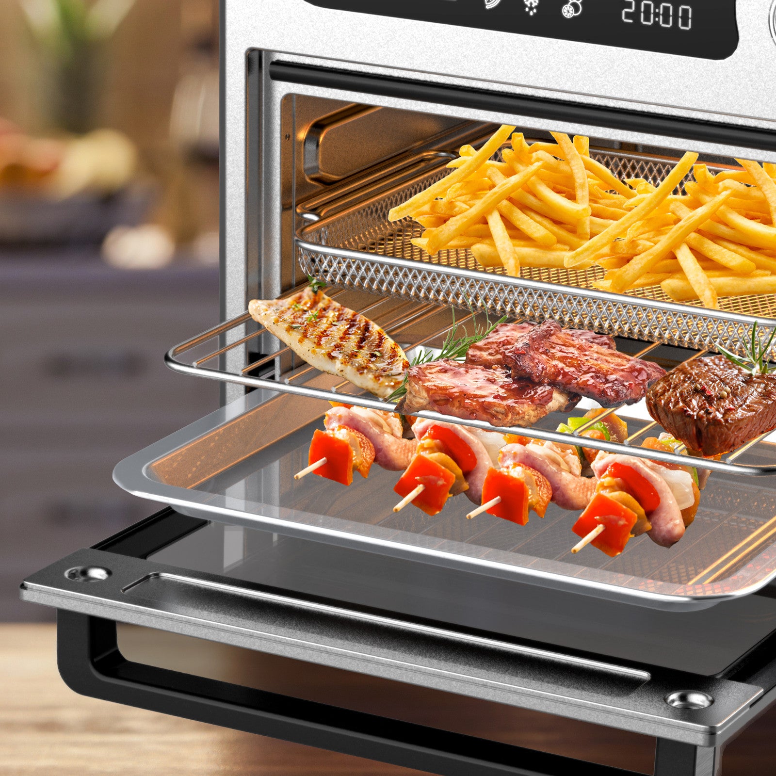 Multifunctional oven with various foods on different racks