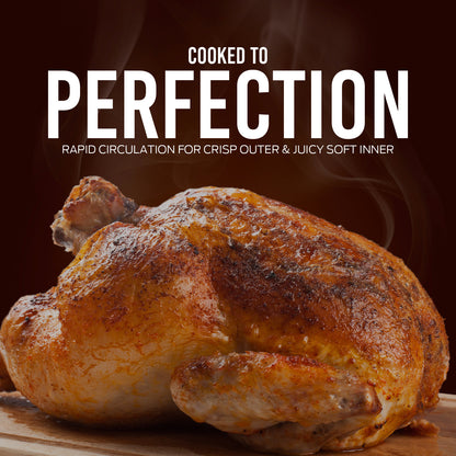 Roasted chicken with text 'Cooked to Perfection' on a dark background