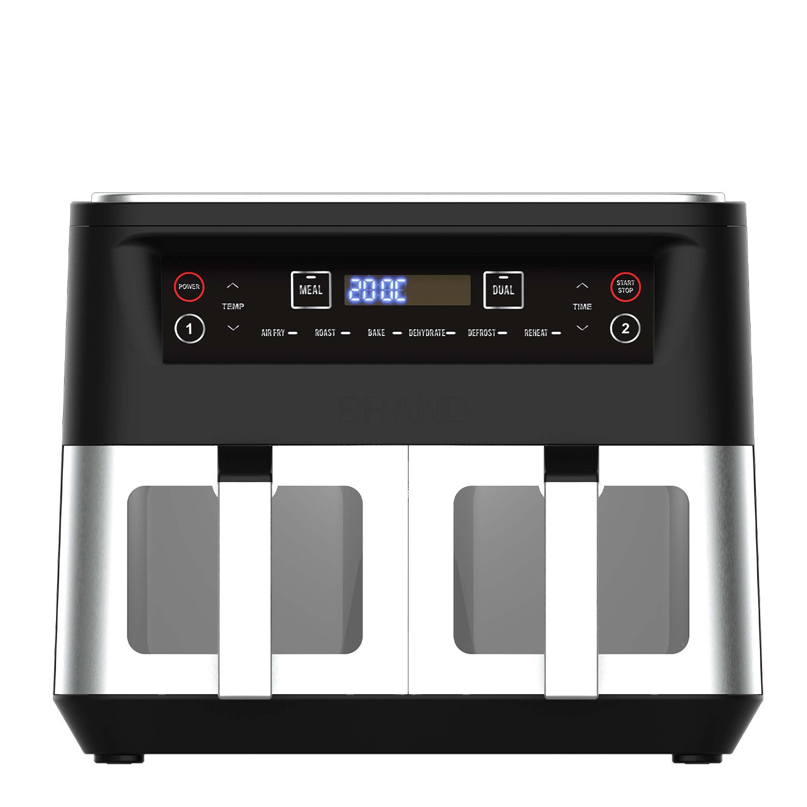 Black and silver kitchen appliance with digital display on a white background