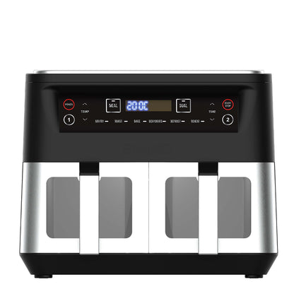 Black and silver kitchen appliance with digital display on a white background