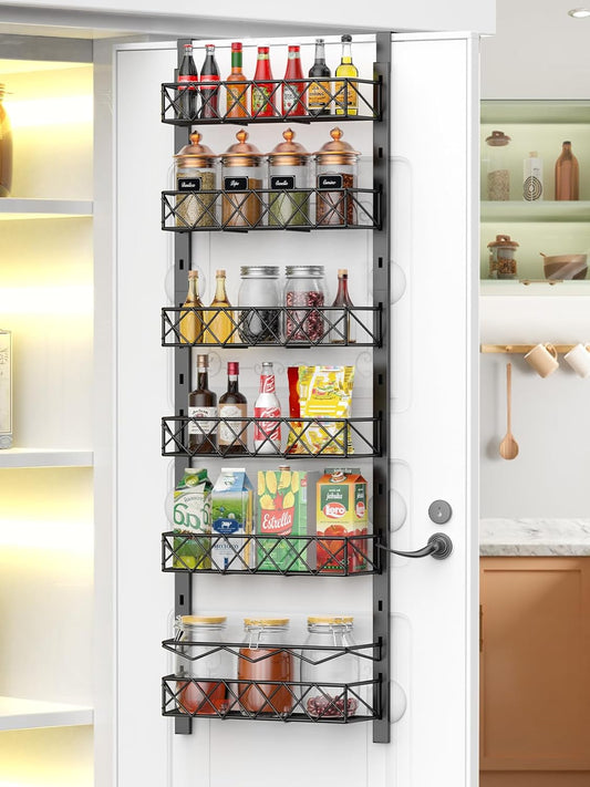 Kitchen pantry organizer with various food items on a white door.