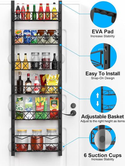 Wall-mounted storage rack with shelves holding various items, featuring EVA pad, easy installation, adjustable basket, and suction cups.