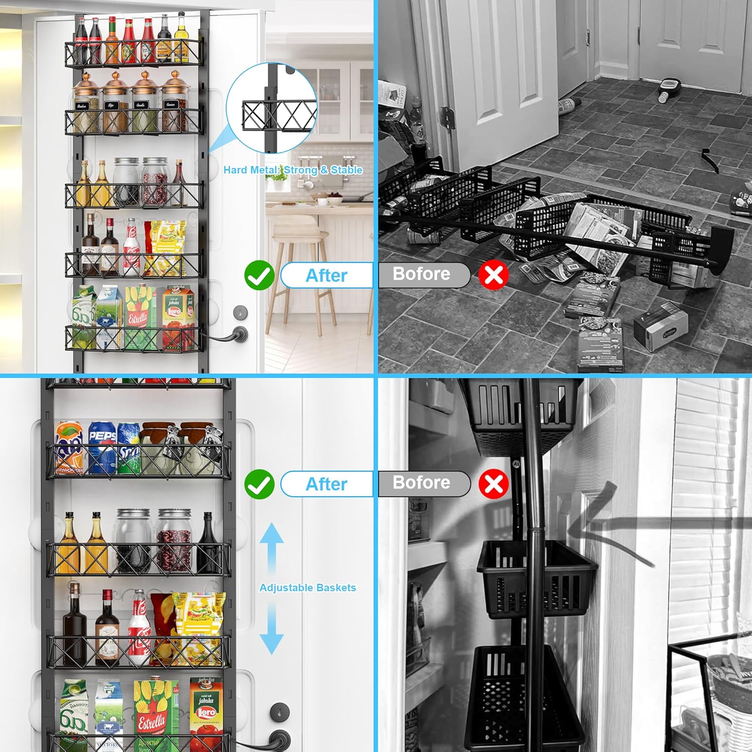 Before and after comparison of a pantry organization system with shelves and baskets.