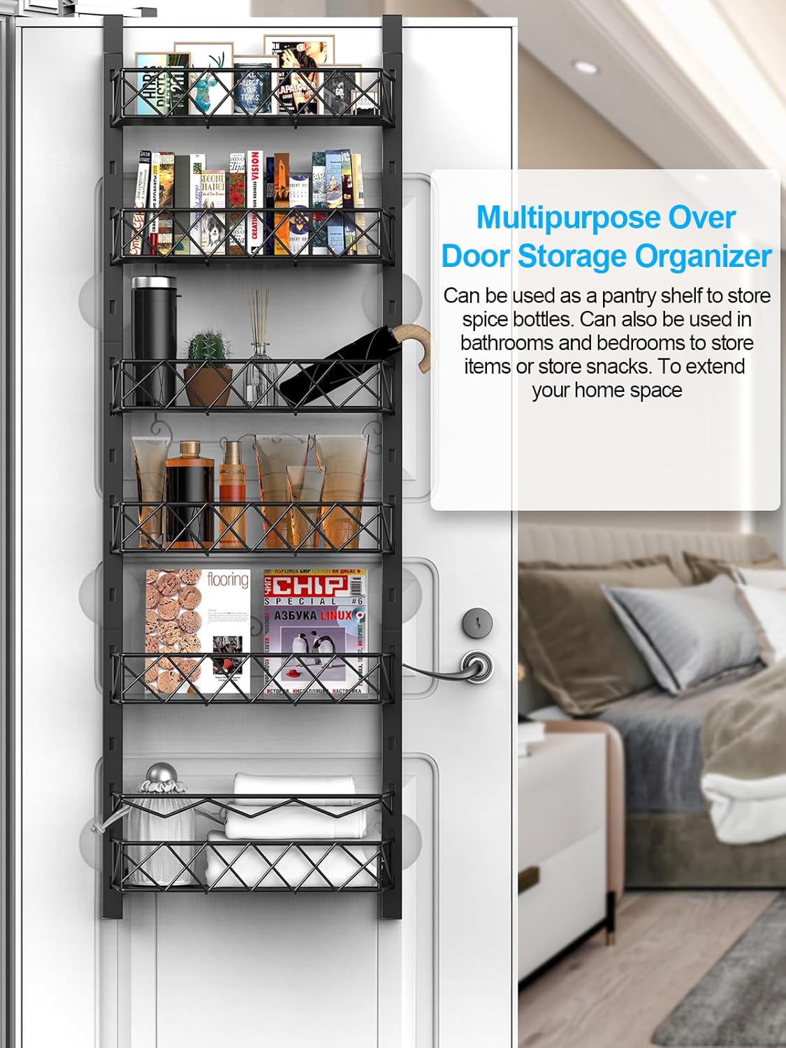 Over-the-door storage organizer with various items on shelves, shown on a white door with text describing its uses.