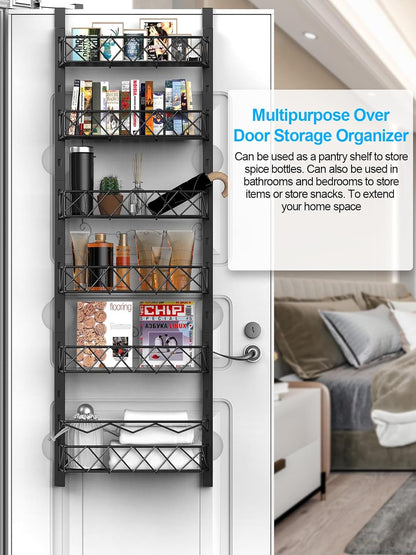 Over-the-door storage organizer with various items on shelves, shown on a white door with text describing its uses.