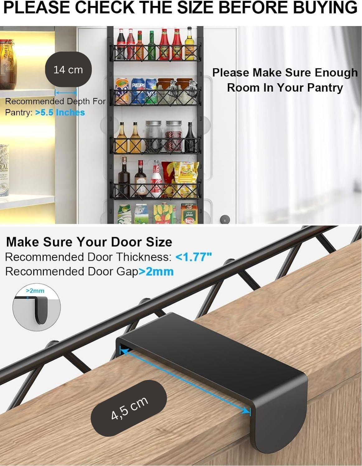 Metal kitchen shelf with dimensions and installation instructions displayed.