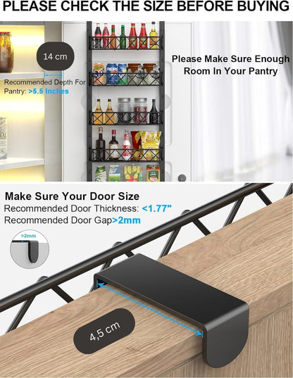 Metal kitchen shelf with dimensions and installation instructions displayed.