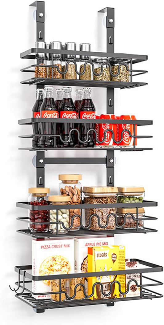 Multi-tiered metal shelf with various items including bottles, jars, and boxes on a white background