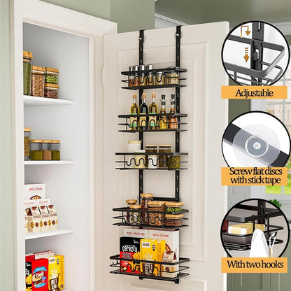 Pantry door organizer with shelves and hooks on a white pantry door.
