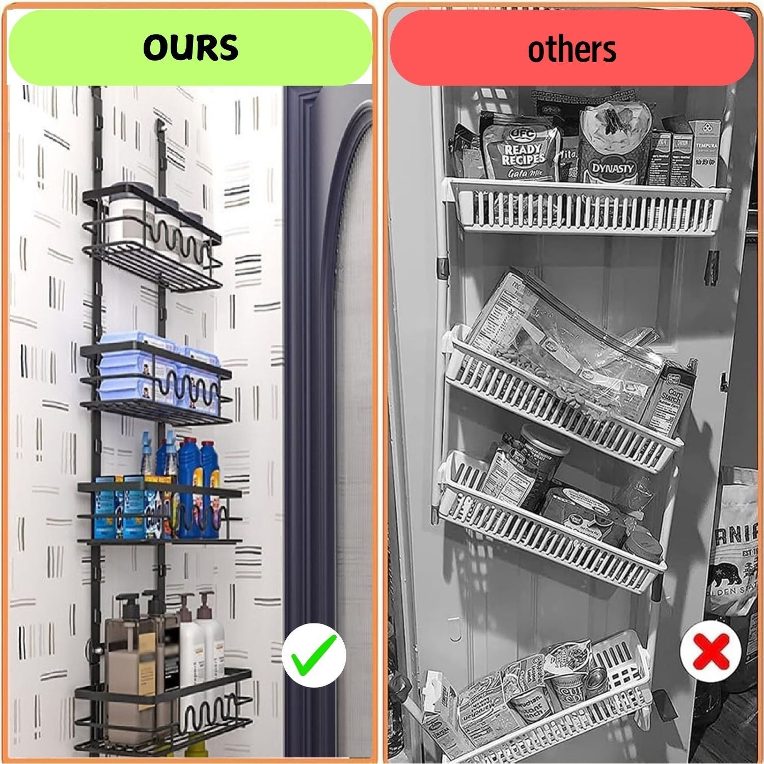 Comparison of a well-organized pantry on the left with an unorganized one on the right.