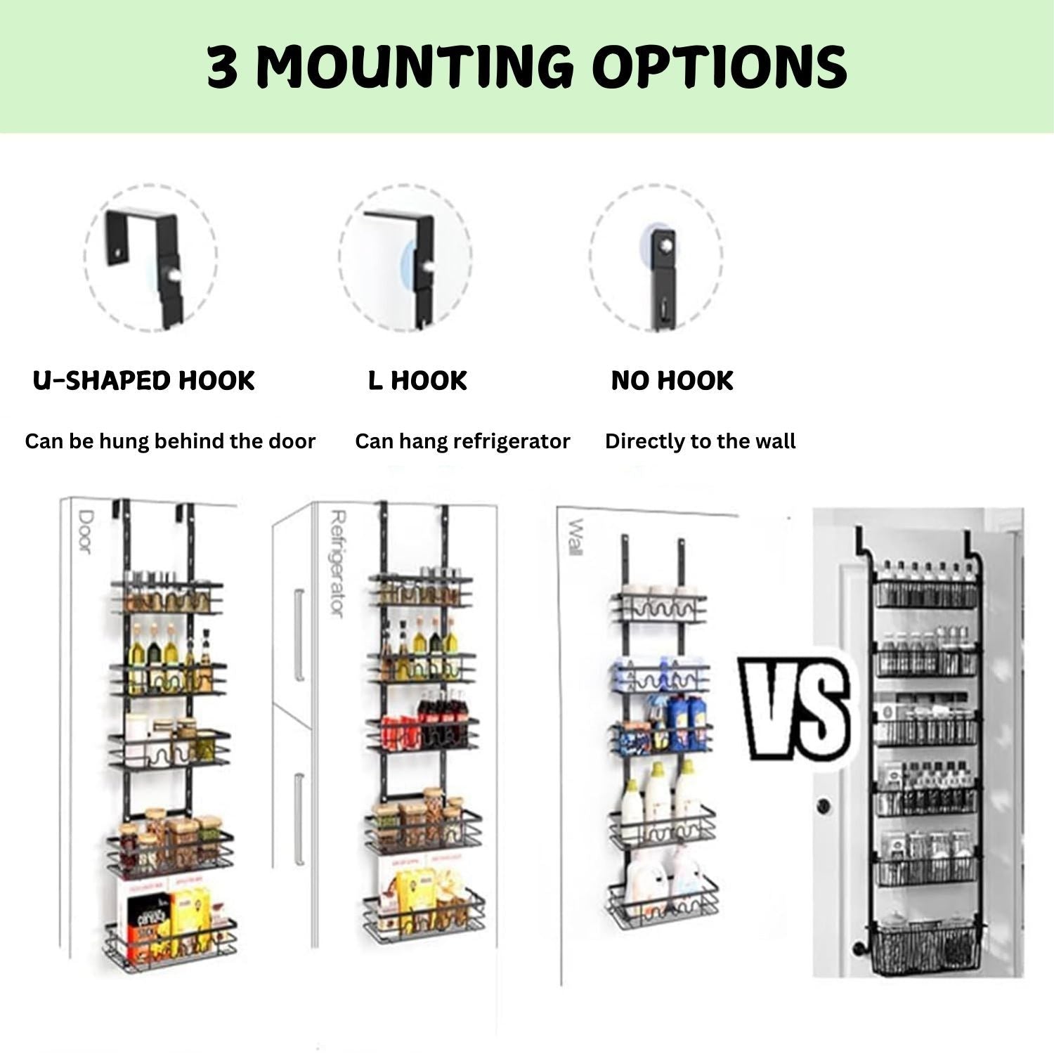 Three mounting options for a kitchen organizer with corresponding diagrams.