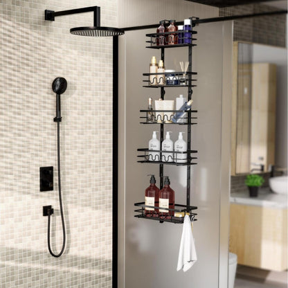 Shower setup with black shower head, hose, and caddy holding various bottles in a tiled bathroom.