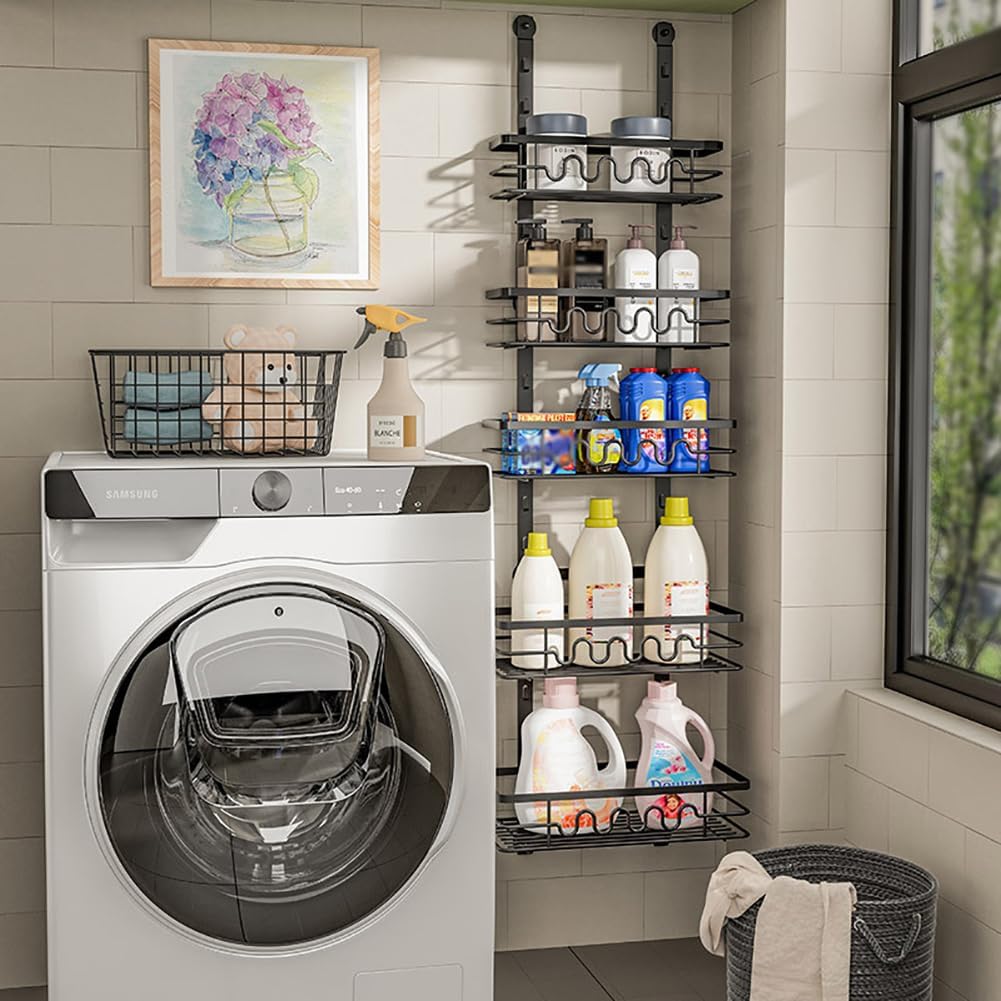 Laundry room with washing machine, shelves with cleaning supplies, and a window.