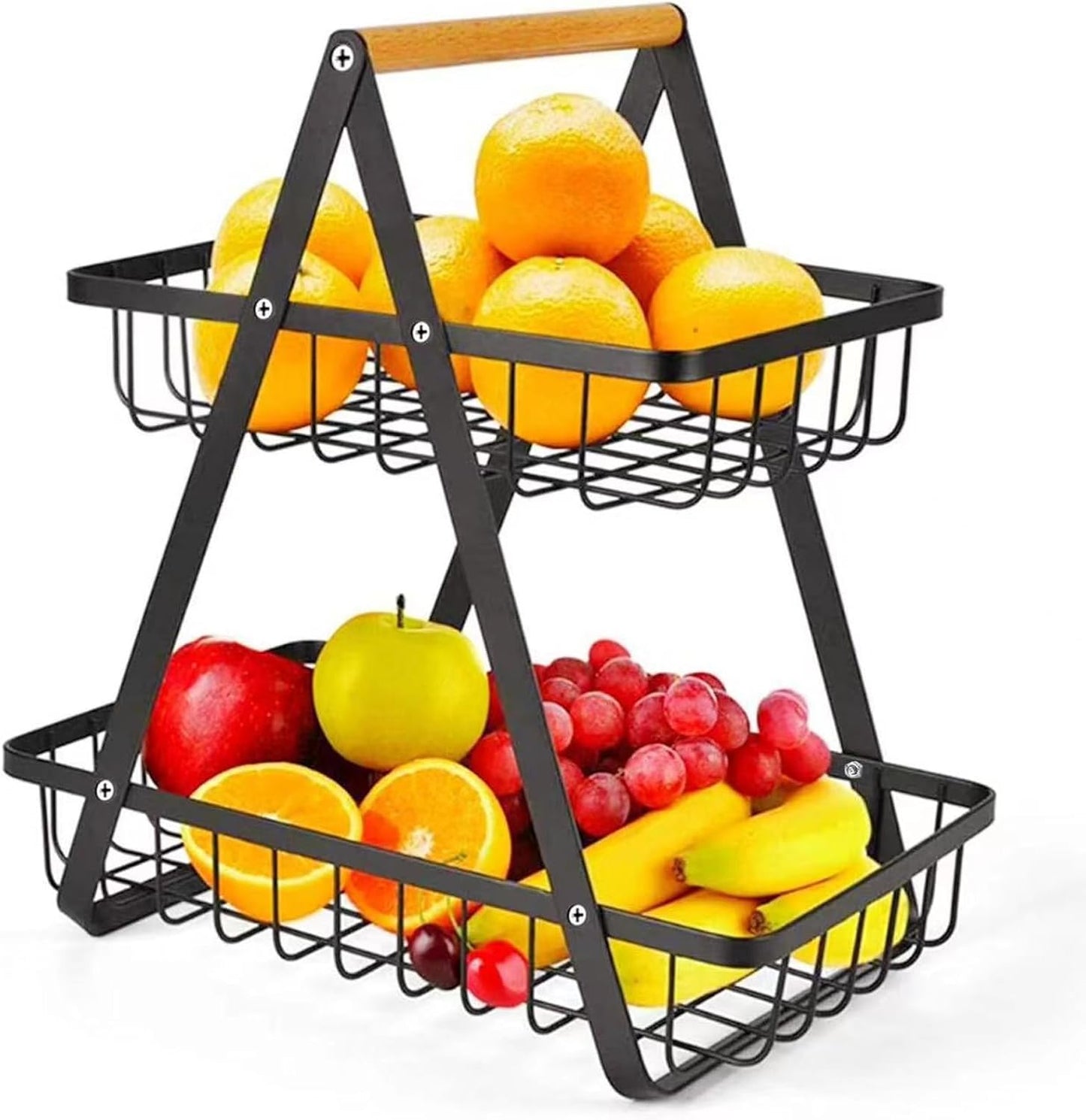 Two-tiered metal fruit basket with fruits on a white background