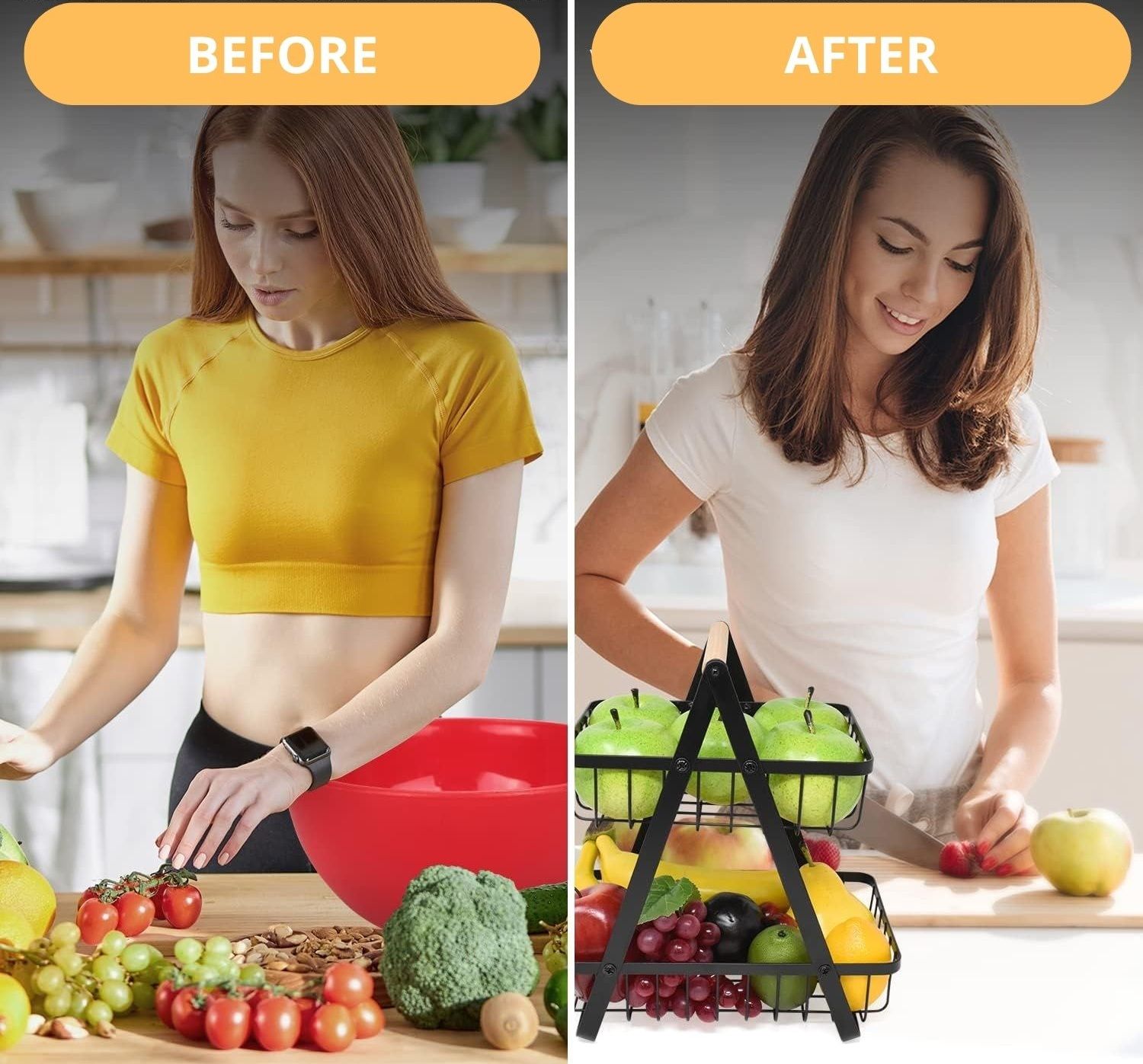 Before and after comparison of a woman in a kitchen with fruits and vegetables.