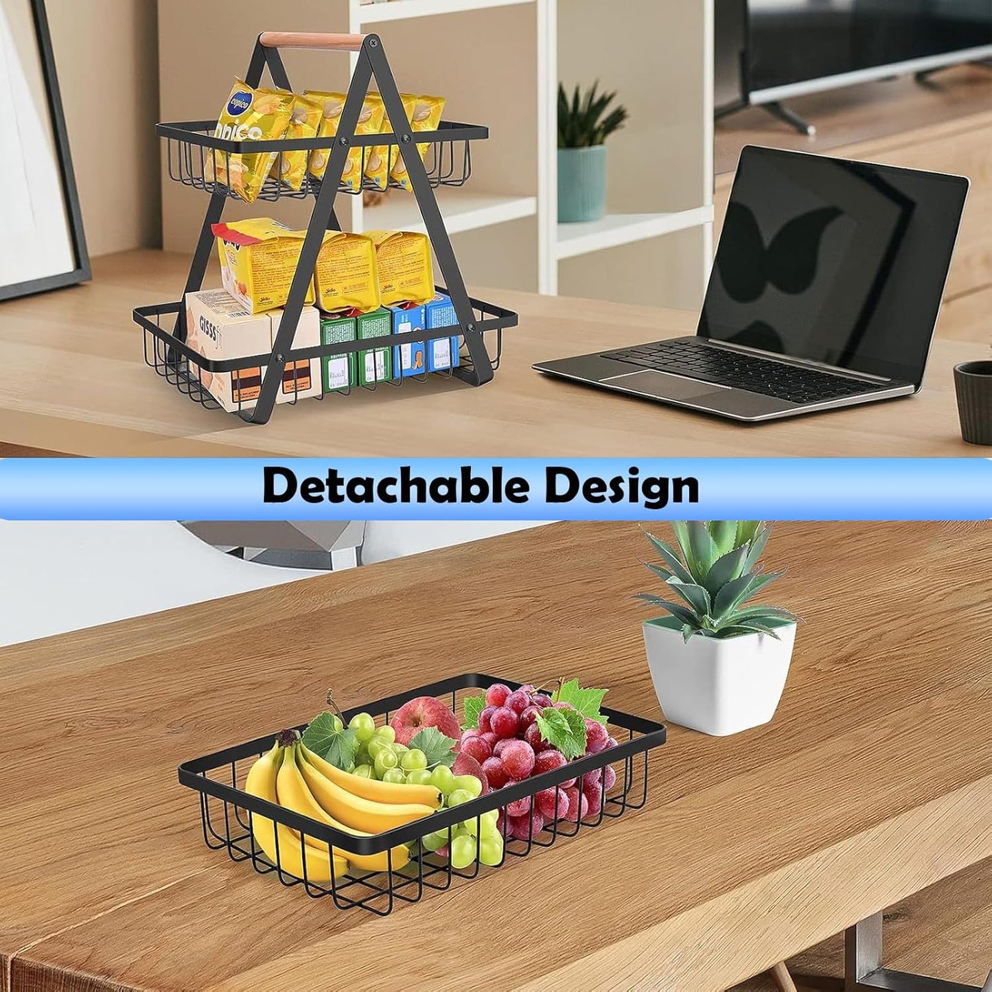 Multifunctional metal basket with detachable design on a desk with laptop and snacks.