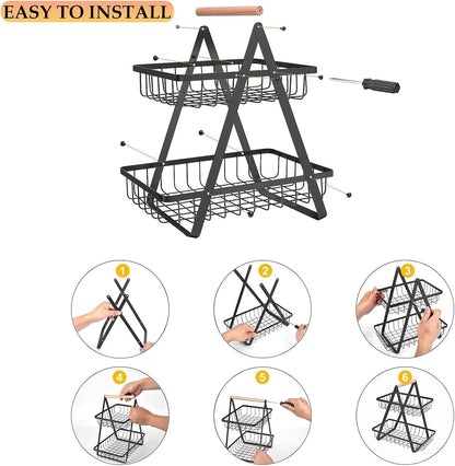 2-tier metal basket stand with installation steps on a white background