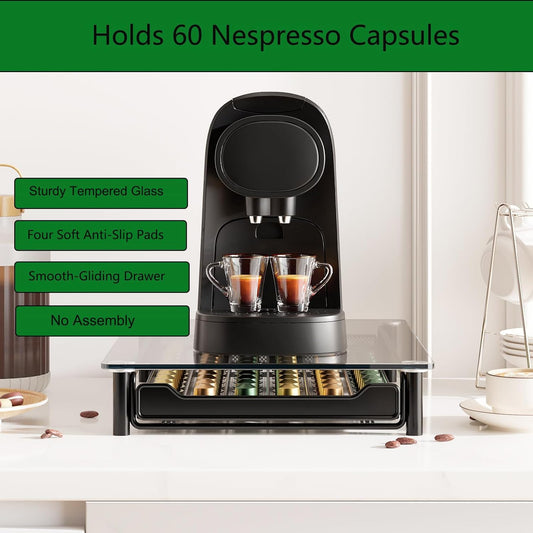 Nespresso capsule holder with two cups of coffee on a white surface, featuring text highlighting features.