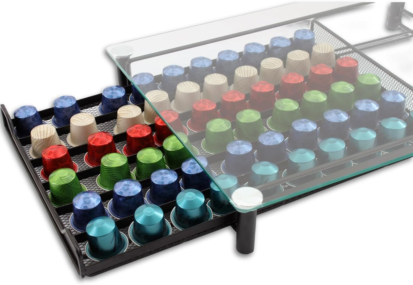 Collection of colorful coffee capsules on a transparent tray with black base