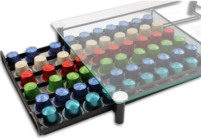 Collection of colorful coffee capsules on a transparent tray with black base