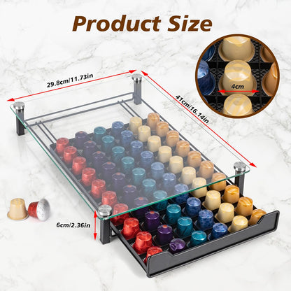 Coffee capsule organizer with dimensions displayed on a marble background