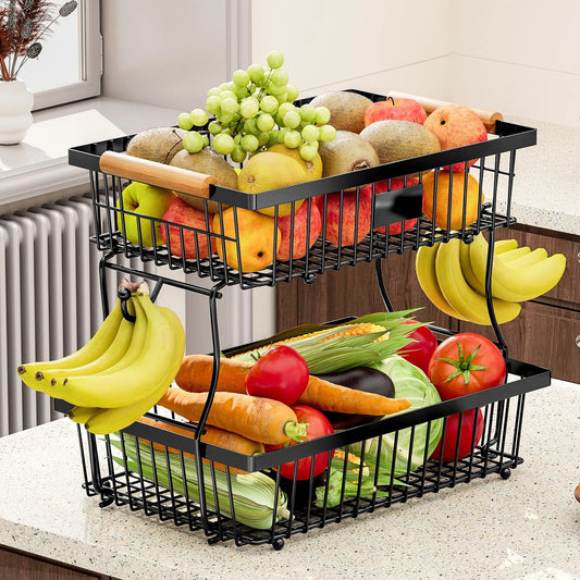 Black fruit and vegetable stand with various fruits and vegetables on a kitchen counter.