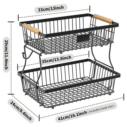 Two-tier metal basket with wooden handles and dimensions labeled