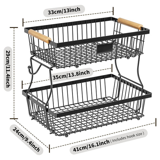 Two-tier metal basket with wooden handles and dimensions labeled