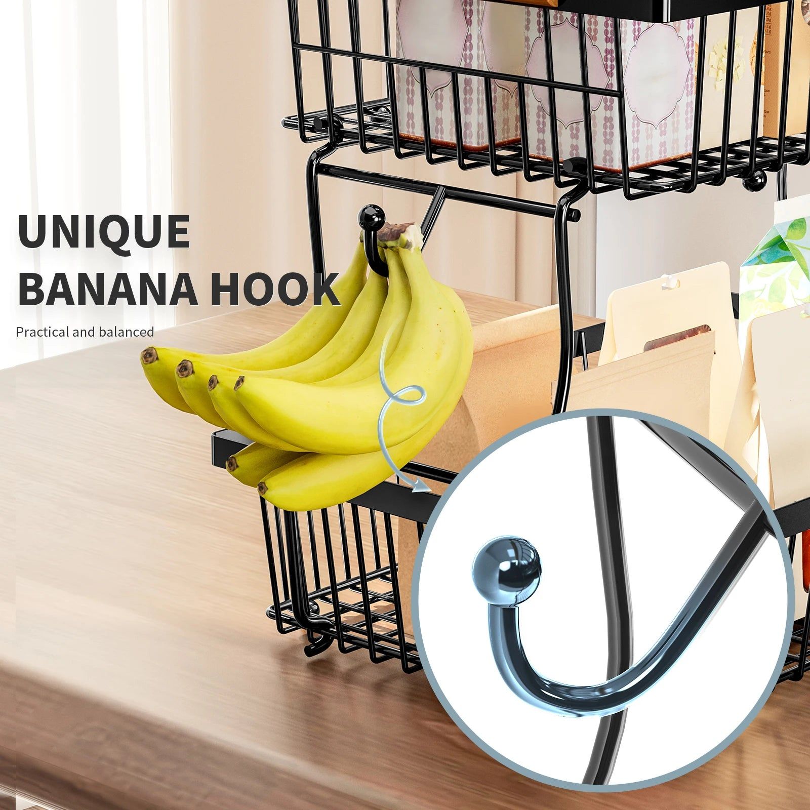 Banana hook holding bananas with a close-up of the hook on a kitchen counter.