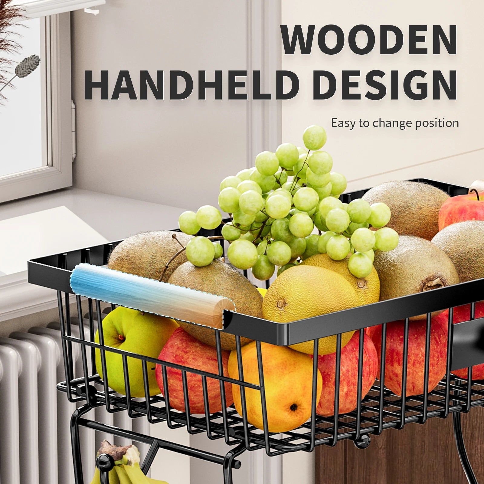 Black wire fruit basket with fruits on a kitchen counter, featuring text about wooden handheld design.