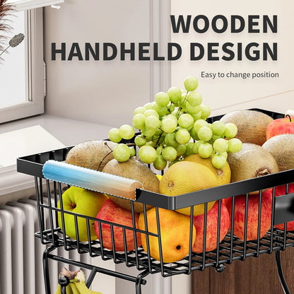 Black wire fruit basket with fruits on a kitchen counter, featuring text about wooden handheld design.