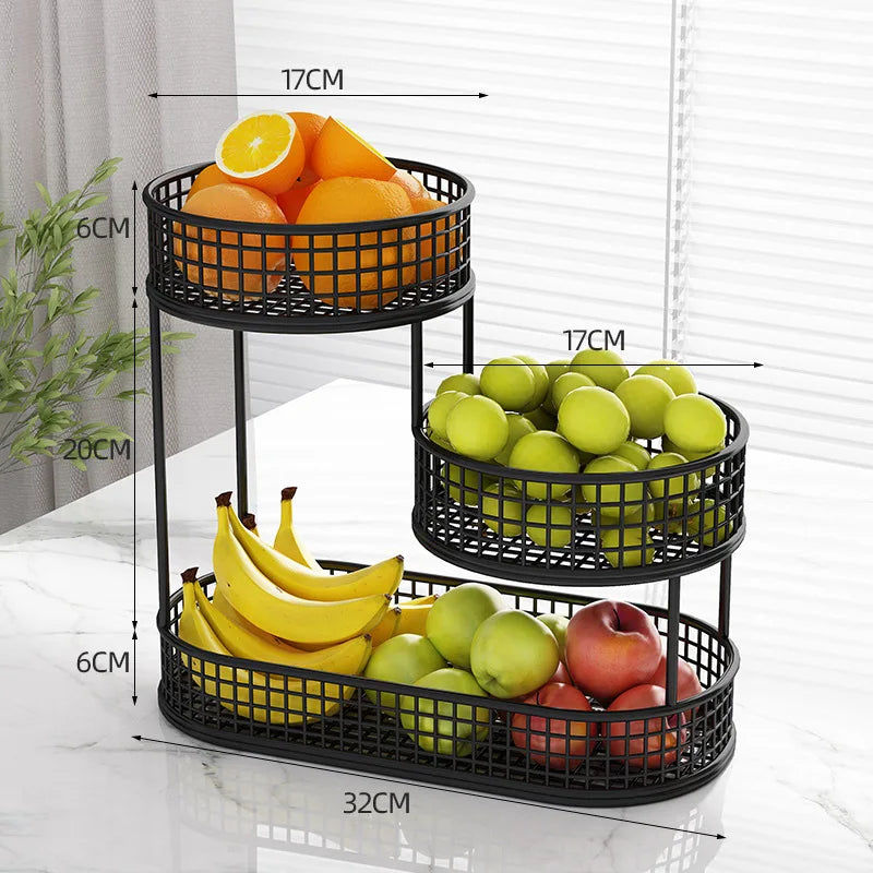 Three-tiered black fruit basket with fruits and measurements on a white surface.
