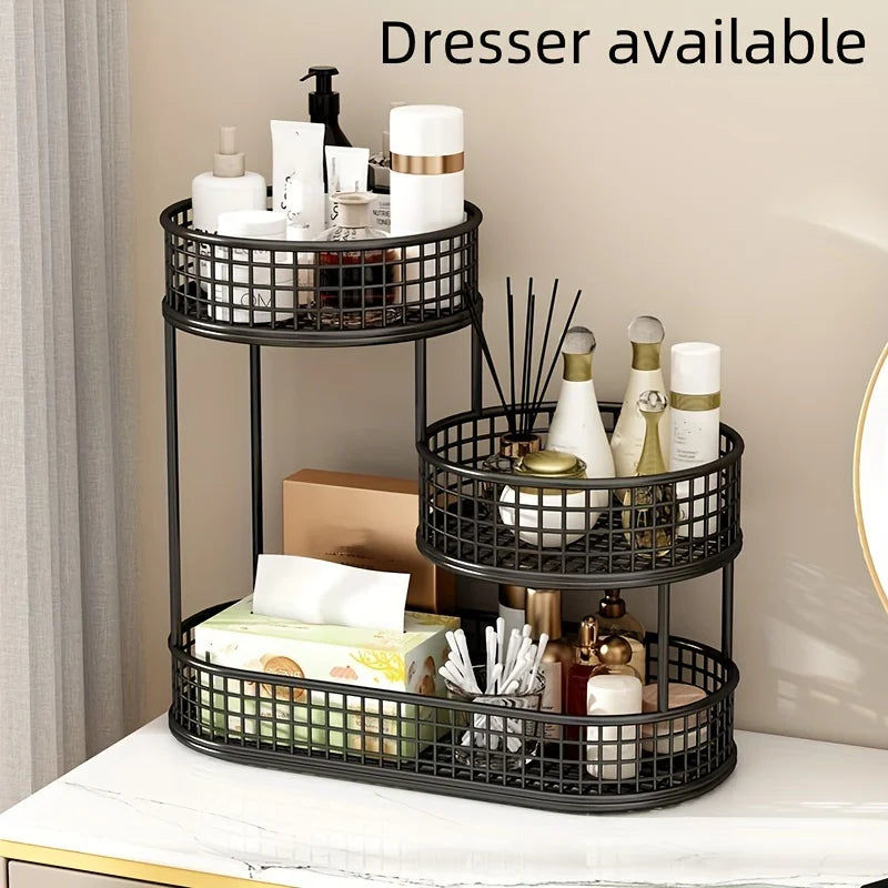 Black metal storage rack with various items on a surface, with 'Dresser available' text above.