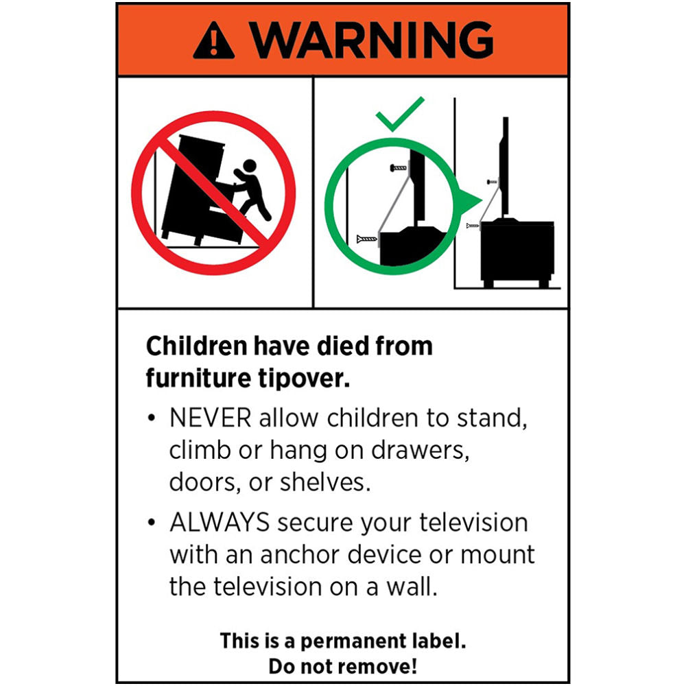 Safety warning label about furniture tipovers and television safety.