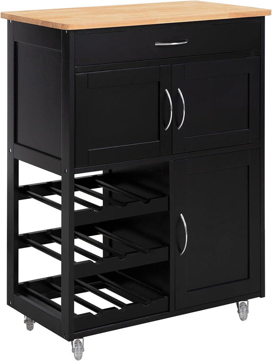 Black kitchen island with wooden top on a white background
